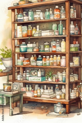 Vintage Apothecary Shelf with Assorted Bottles and Jars