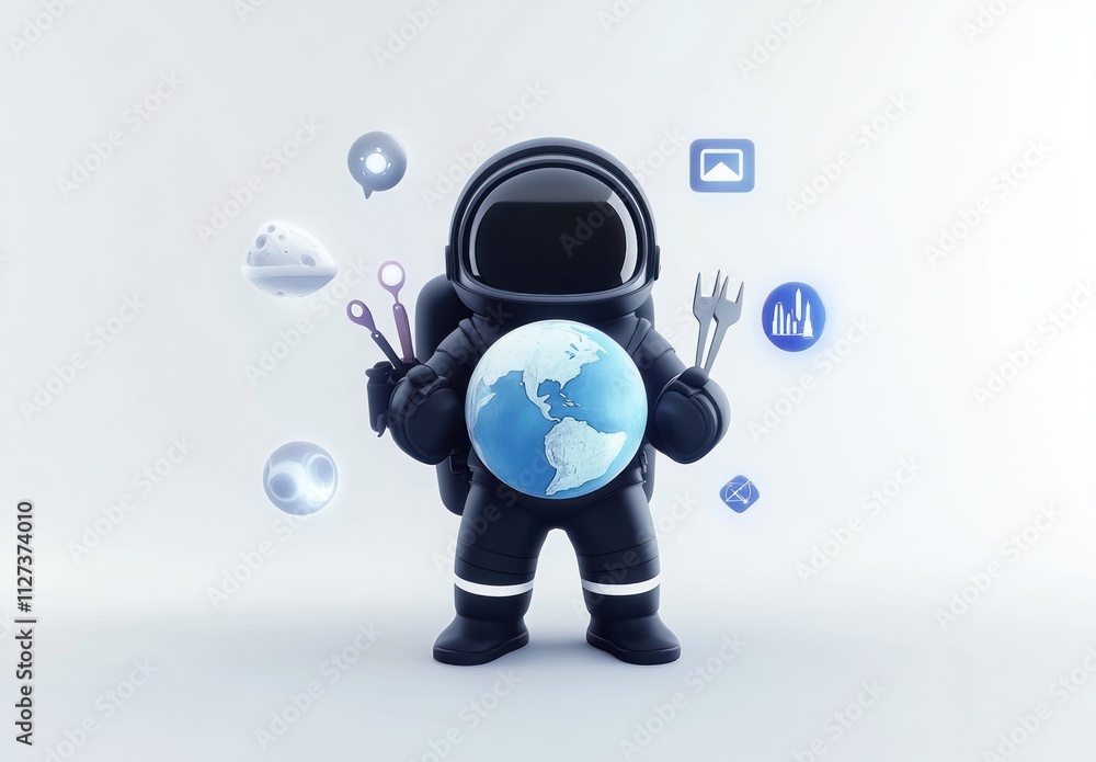 A cartoon astronaut holding tools and a globe, symbolizing exploration and technology. A cartoon astronaut holding tools and a globe, symbolizing exploration and technology.