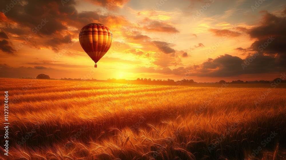 Obraz premium Hot air balloon soaring over golden wheat field at sunset.