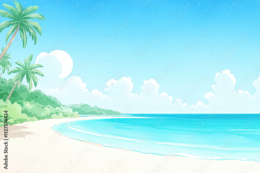 Fototapeta premium serene tropical beach scene featuring palm trees, soft sand, and calm turquoise waters under clear blue sky. peaceful atmosphere invites relaxation and tranquility