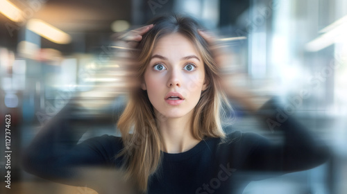 Free Download Stressed young businesswoman holding her head in a blurry office, feeling dizzy and overwhelmed - GFXLoad