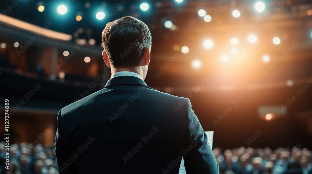 A successful CEO presenting a business growth strategy in a large conference. A successful CEO presenting a business growth strategy in a large conference.