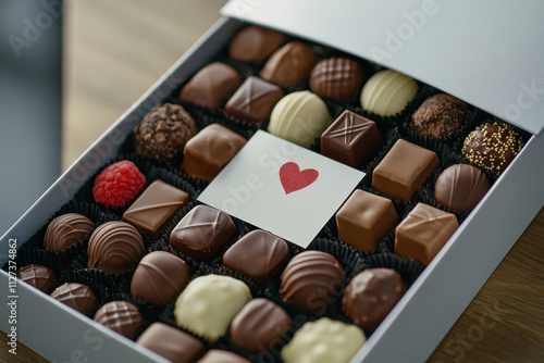 A box of assorted chocolates with a heart written on a card photo