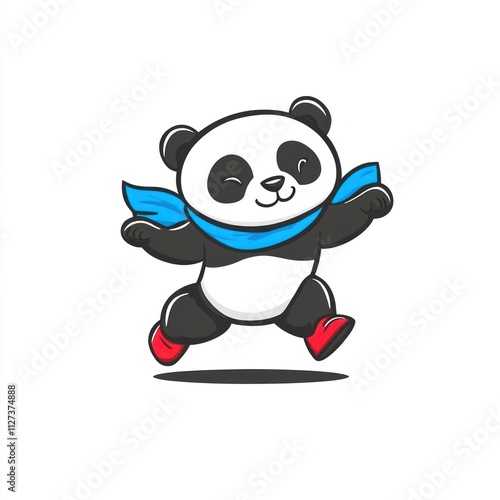 A cheerful panda character wearing a blue scarf and red shoes, joyfully jumping. photo