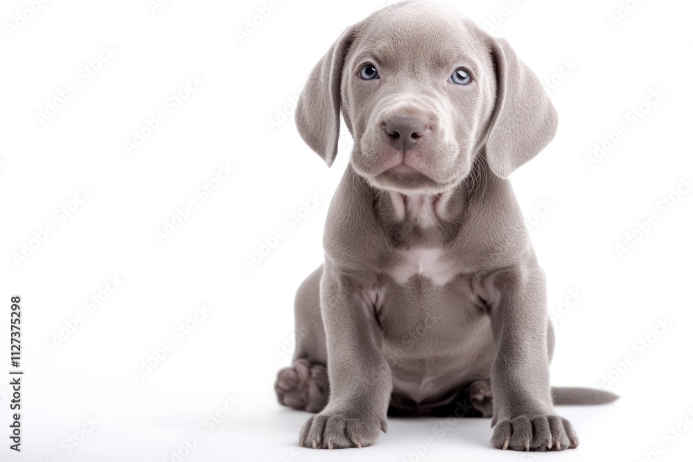 A cute gray puppy sitting against a white background, showcasing its playful demeanor. A cute gray puppy sitting against a white background, showcasing its playful demeanor.