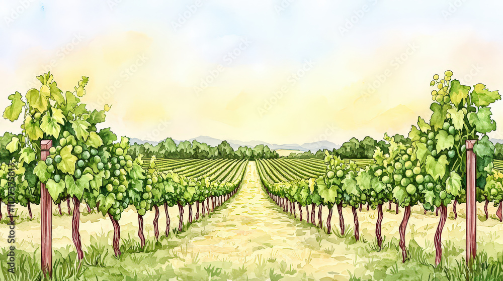 Obraz premium serene vineyard landscape with rows of grapevines stretching into distance, surrounded by lush greenery and gentle hills under soft sky
