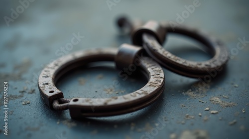 A close-up of shackles symbolizing modern slavery, placed on a textured surface to emphasize the need for awareness and action against human trafficking and exploitation photo