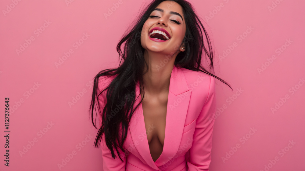 Happy businesswoman with long hair in pink suit laughing with head tilted back in studio shot against pink background Happy businesswoman with long hair in pink suit laughing with head tilted back in studio shot against pink background