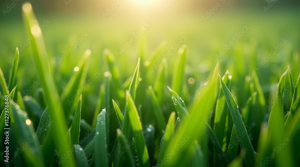 Fototapeta premium A close-up view of rich green grass blades, dew-kissed and glistening in the morning light