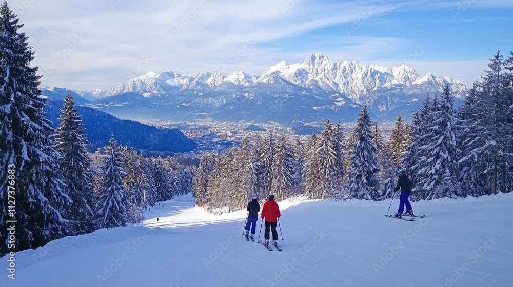 Skiers enjoying a winter day on a snowy slope, alpine mountains in the background. Skiers enjoying a winter day on a snowy slope, alpine mountains in the background.