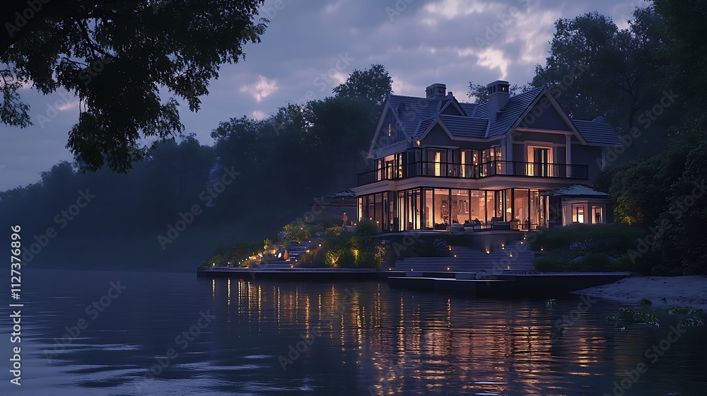 Fototapeta premium Luxurious waterfront house illuminated at twilight, reflecting in calm lake water.