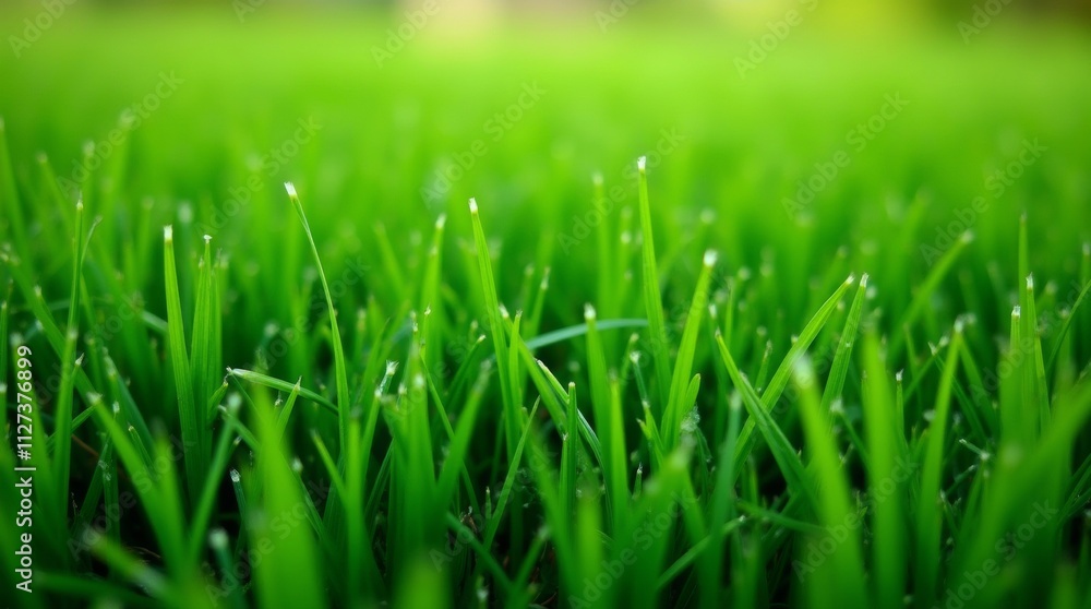 Fototapeta premium A close-up view of thick grass blades, showcasing their rich color and density, emphasizing the health and vitality of a well-maintained lawn