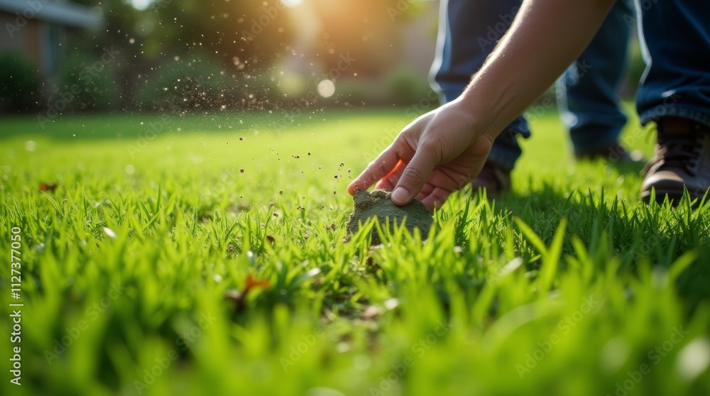 A gardener applying fertilizer to a lush green lawn A gardener applying fertilizer to a lush green lawn