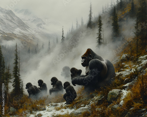 Gorilla family in misty mountain valley. photo