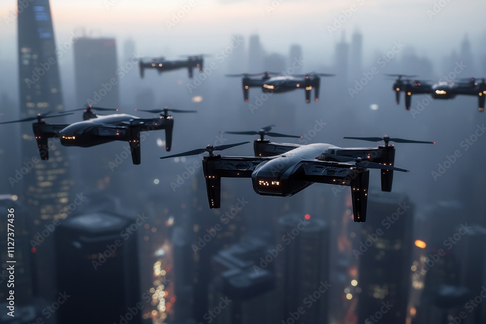 A group of drones flying over a city at night A group of drones flying over a city at night