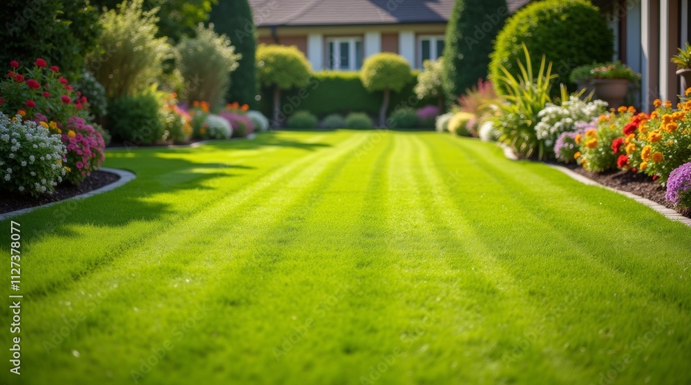 A wide-angle shot of a freshly mowed lawn stretching across a sunny backyard, bordered by colorful flower beds A wide-angle shot of a freshly mowed lawn stretching across a sunny backyard, bordered by colorful flower beds