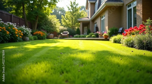 A wide-angle shot of a freshly mowed lawn stretching across a sunny backyard, bordered by colorful flower beds