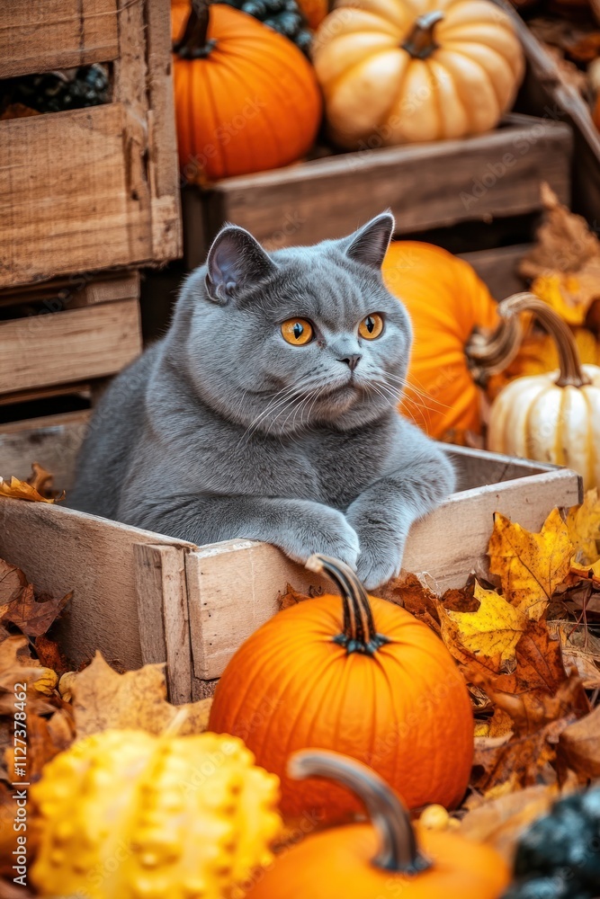 A gray cat lounging in a wooden crate surrounded by pumpkins and autumn leaves. A gray cat lounging in a wooden crate surrounded by pumpkins and autumn leaves.