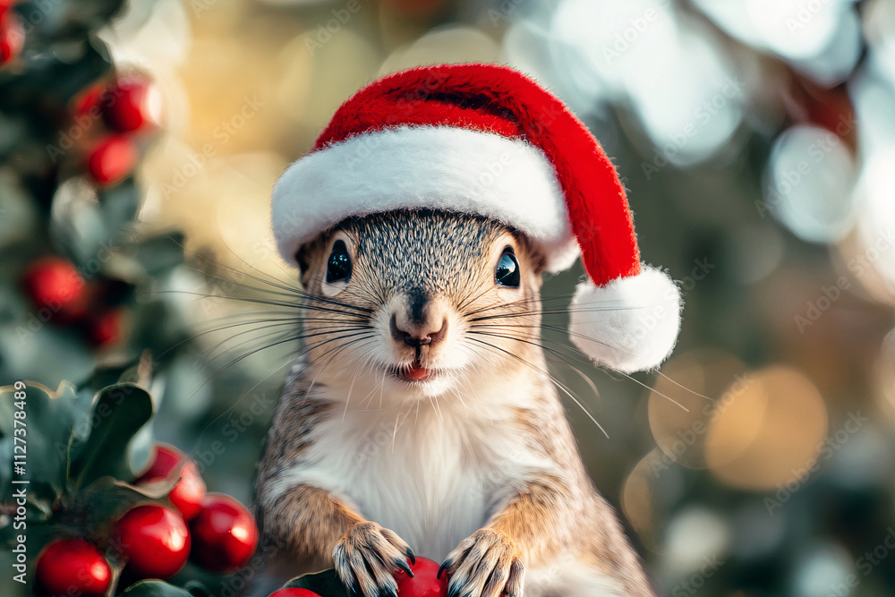 Cute, adorable and funny squirrel wearing a red Santa Claus hat surrounded by festive red berry branches, animal, Christmas-themed setting, holiday charm, nature-inspired decoration, New Year, winter Cute, adorable and funny squirrel wearing a red Santa Claus hat surrounded by festive red berry branches, animal, Christmas-themed setting, holiday charm, nature-inspired decoration, New Year, winter