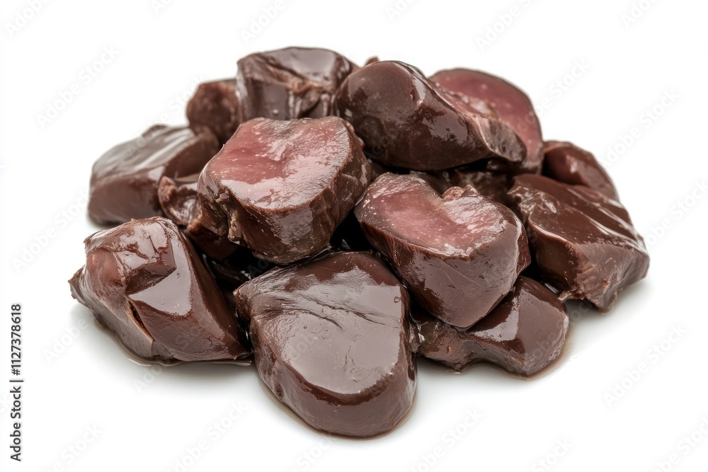 A pile of dark, shiny pieces of meat, likely liver or similar organ meat. A pile of dark, shiny pieces of meat, likely liver or similar organ meat.