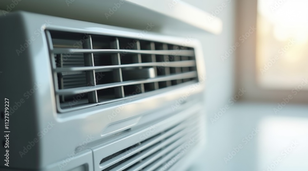 window air conditioner mounted in a modern home window, sharp details of vents and control buttons window air conditioner mounted in a modern home window, sharp details of vents and control buttons