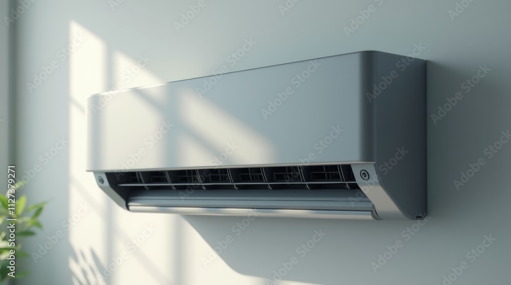 Close-up of a wall-mounted air conditioning unit, sleek design with metallic finish Close-up of a wall-mounted air conditioning unit, sleek design with metallic finish
