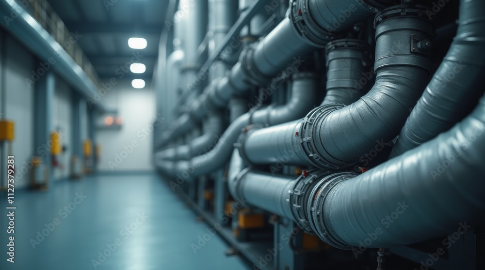 HVAC system with exposed metal ducts and vents, close-up of machinery in an industrial setting, soft lighting highlighting the clean and modern design for heating and cooling HVAC system with exposed metal ducts and vents, close-up of machinery in an industrial setting, soft lighting highlighting the clean and modern design for heating and cooling