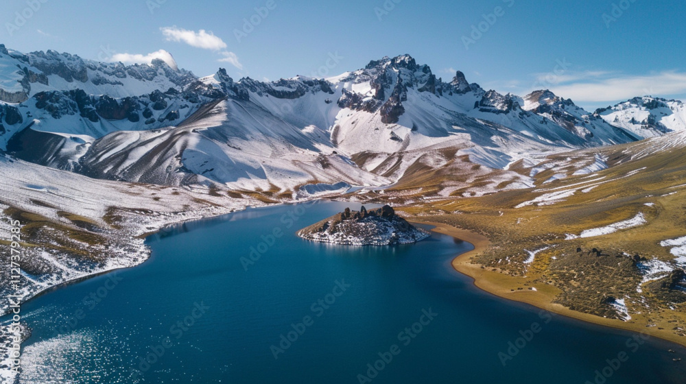 Fototapeta premium An aerial panoramic view of the snowing mountains and a lake