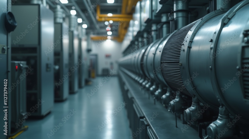 HVAC system with exposed metal ducts and vents, close-up of machinery in an industrial setting, soft lighting highlighting the clean and modern design for heating and cooling HVAC system with exposed metal ducts and vents, close-up of machinery in an industrial setting, soft lighting highlighting the clean and modern design for heating and cooling