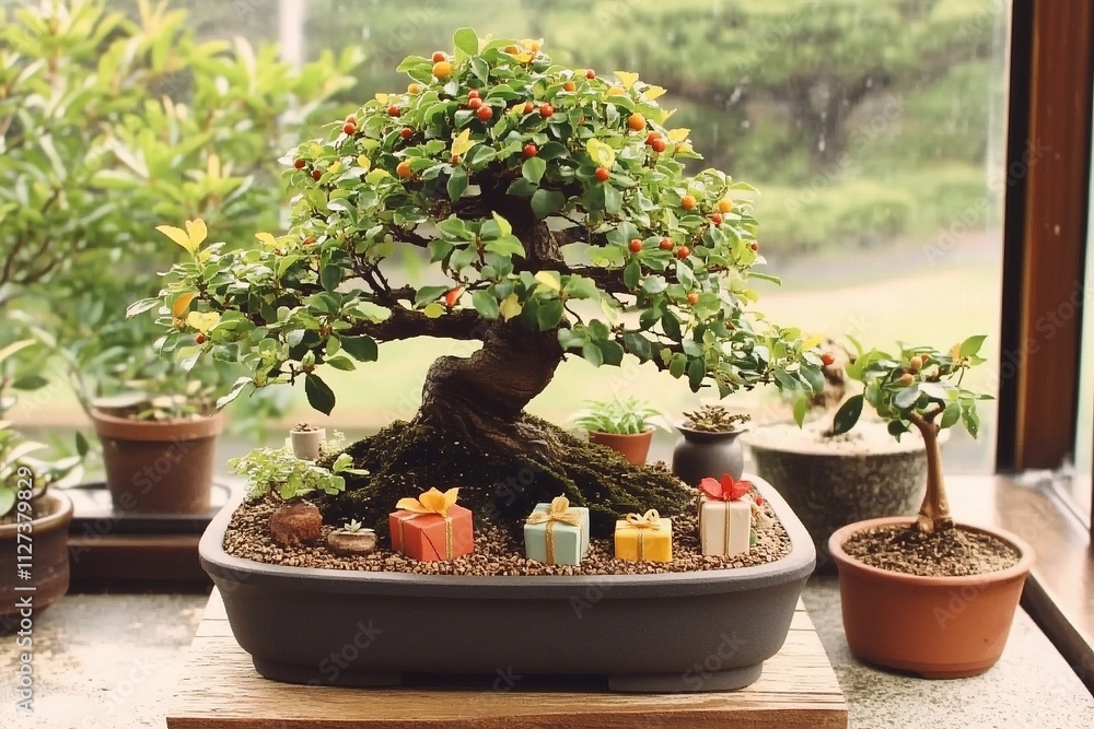 Miniature bonsai tree decorated with small gift boxes for christmas celebration Miniature bonsai tree decorated with small gift boxes for christmas celebration