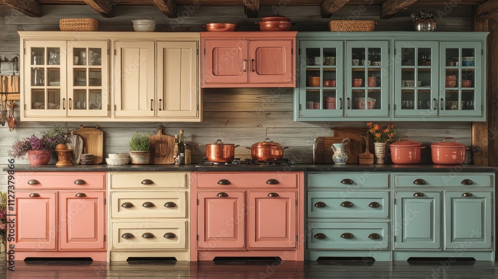 Pastel cabinets in a rustic kitchen highlight copper pots and vintage fixtures for a cozy cooking vibe Pastel cabinets in a rustic kitchen highlight copper pots and vintage fixtures for a cozy cooking vibe
