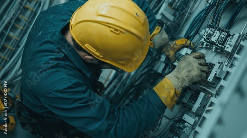 A worker in a yellow helmet repairs electrical equipment, showcasing hands-on expertise in a technical environment.