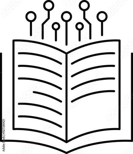 Knowledge Sharing icon. Open book with neural nodes symbolizing information exchange. Suitable for educational tools. Simple Black outline