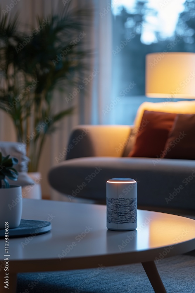 Cozy smart home speaker on table in living room at dusk Cozy smart home speaker on table in living room at dusk