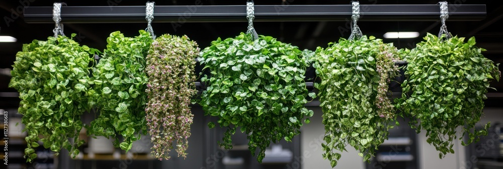 Fototapeta premium Vibrant hanging plants decorate an industrial office space, enhancing the atmosphere with lush greenery