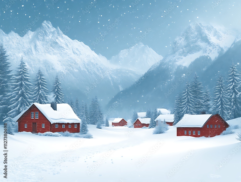 Naklejka premium Red Cabins Nestled In Snowy Mountain Valley