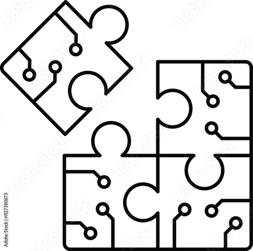 Problem Solving icon. Puzzle pieces with neural connection lines symbolizing structured solutions. Perfect for strategic planning. Simple Black outline