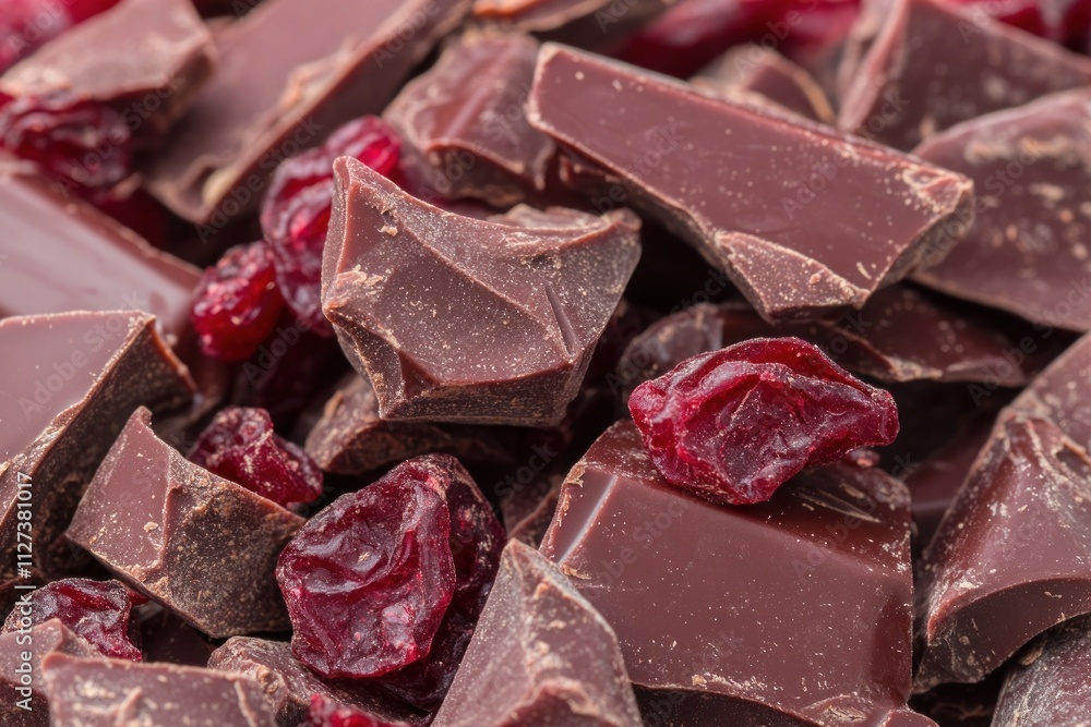 A close-up of dark chocolate pieces mixed with dried cranberries. A close-up of dark chocolate pieces mixed with dried cranberries.