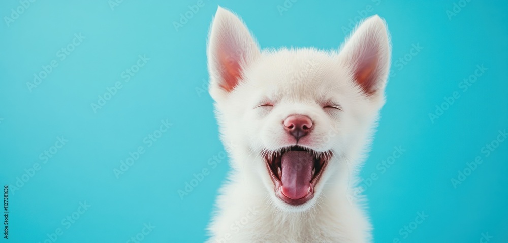 A playful white puppy yawning against a bright blue background. A playful white puppy yawning against a bright blue background.