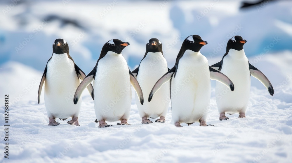 Obraz premium Group of Penguins Walking on Snowy Landscape in Arctic Environment
