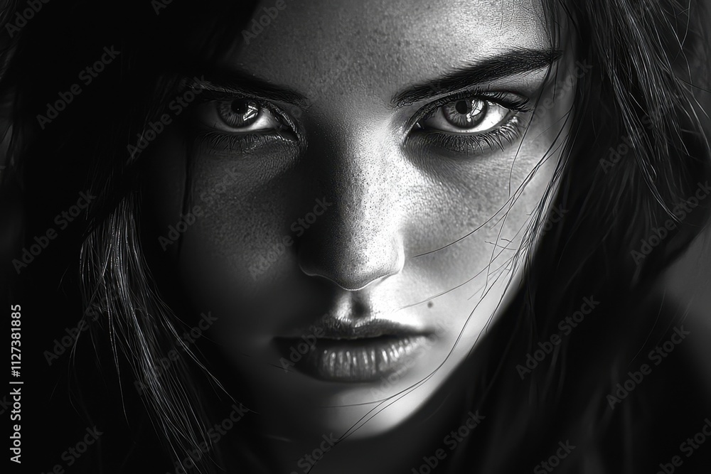 A woman with dark hair and a dark eye makeup A woman with dark hair and a dark eye makeup