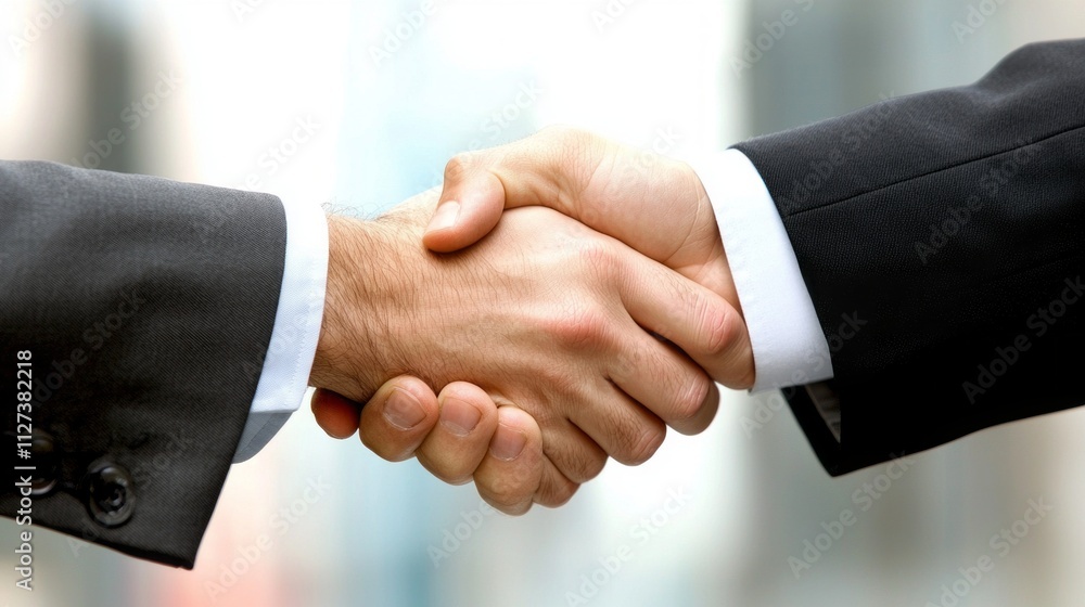 Two businessmen engage in a firm handshake, symbolizing the start of a promising collaboration in a bustling city. The moment reflects professionalism and commitment Two businessmen engage in a firm handshake, symbolizing the start of a promising collaboration in a bustling city. The moment reflects professionalism and commitment
