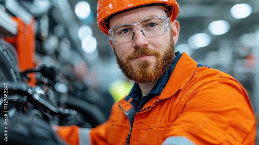 A focused worker in an orange safety outfit and hard hat, showcasing dedication and professionalism in an industrial setting. A focused worker in an orange safety outfit and hard hat, showcasing dedication and professionalism in an industrial setting.