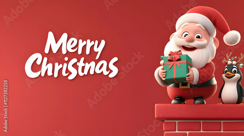 Merry Christmas greeting with Santa holding a festive ornament, set on a red background, offering a modern and cheerful holiday card design. photo