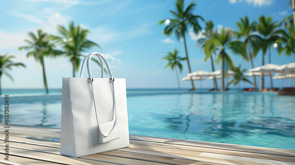 Naklejka premium A white shopping bag placed on the edge of a wooden bridge at the beach