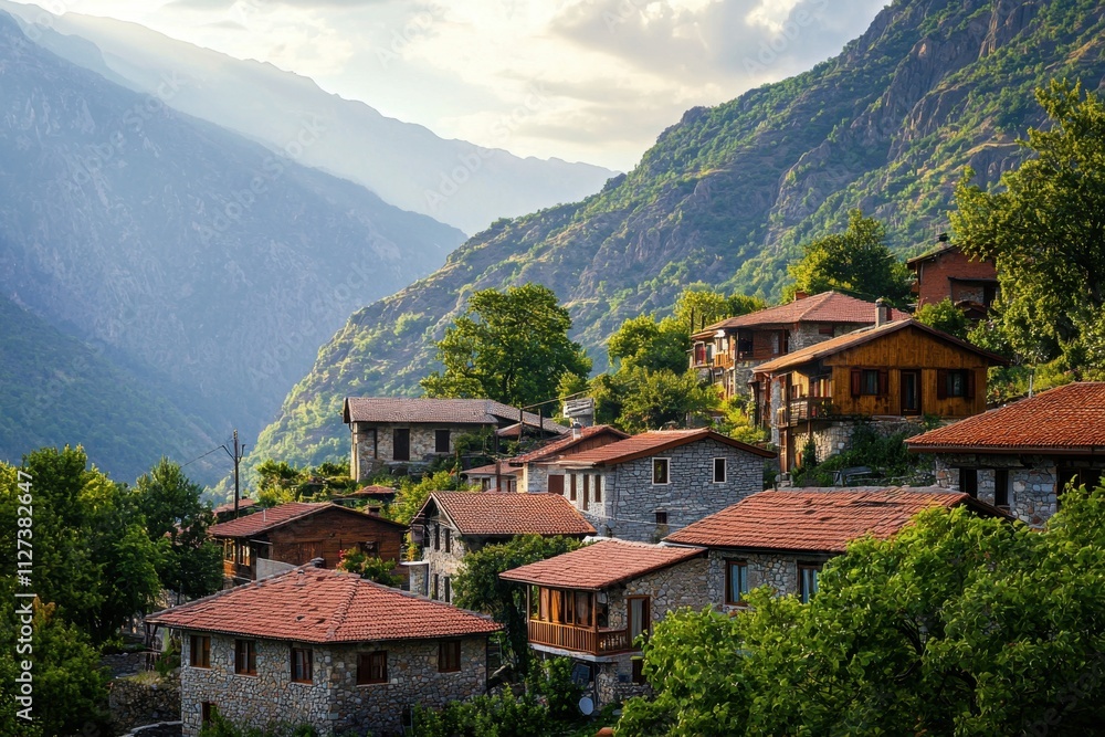 A mountain village with houses and trees A mountain village with houses and trees