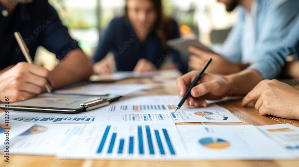 Investors reviewing financial reports during a business presentation. Investors reviewing financial reports during a business presentation.