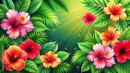 Floral Background with Tropical Hibiscus Flowers Lush Green Leaves and Vivid Colors