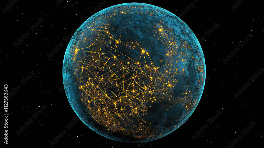 Naklejka premium Generative AI illustration of glowing planet with yellow network connecting cities on black background