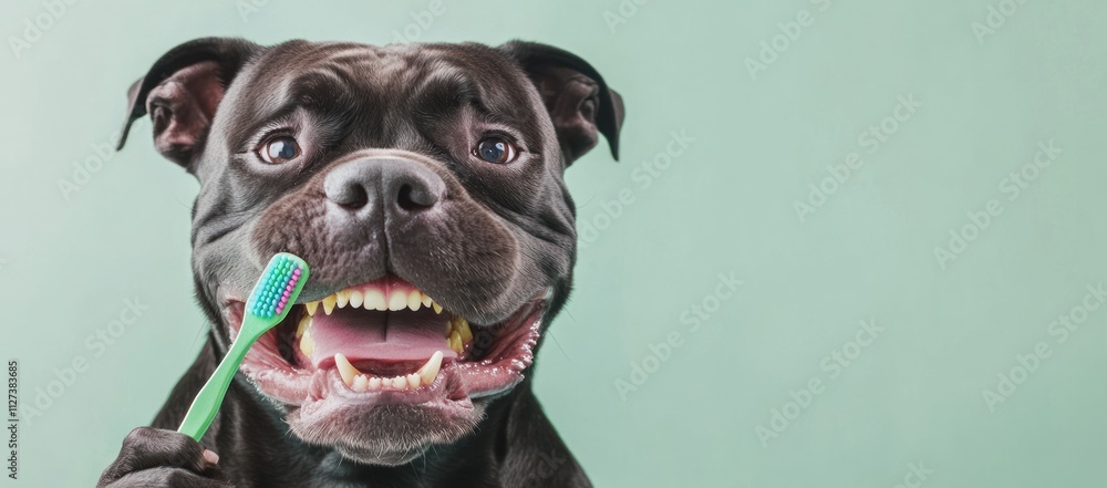 A smiling dog holding a toothbrush, promoting dental hygiene for pets. A smiling dog holding a toothbrush, promoting dental hygiene for pets.